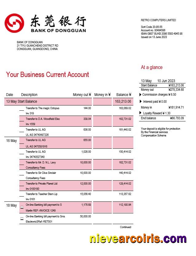 Bank of Dongguan organization account statement